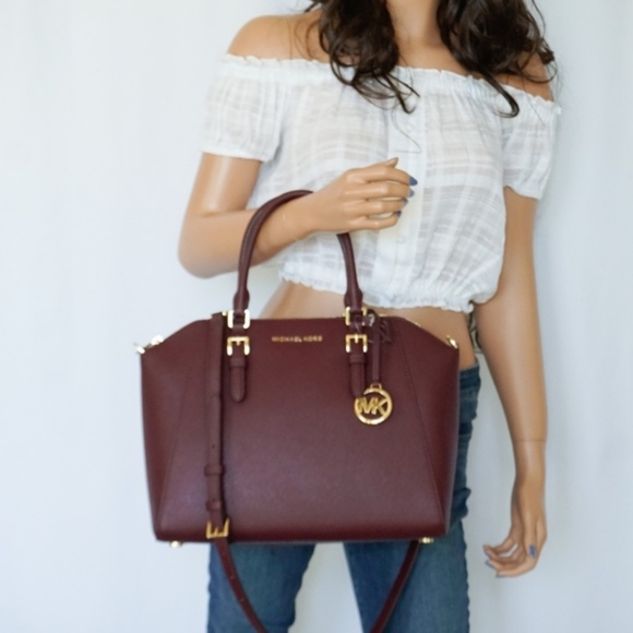 Michael Kors Ciara L Satchel Saffiano Leather Bag Merlot Zip Closure - Picture 2 of 10